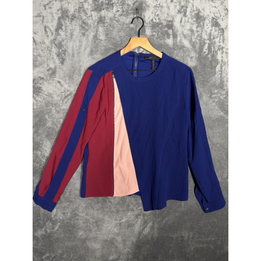 BCBGMAXAZRIA Womens Blouse XS Multicolor Colorblock Asymmetrical Zip Long Sleeve